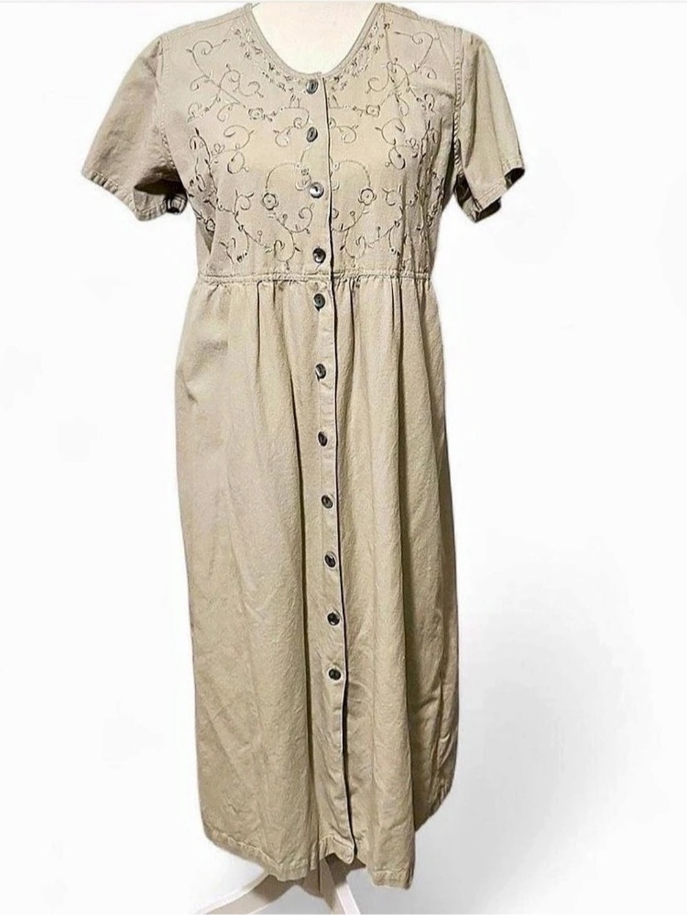 VTG 90s Y2K Erika Collection Petites Embroidered Midi Dress in Tan Size Medium